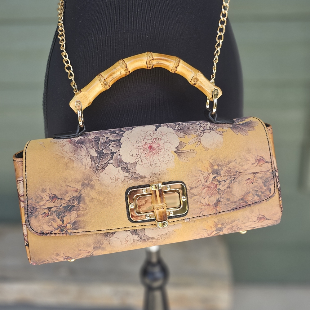 Floral Gold Chain Bag with Bamboo Handle--no brand name